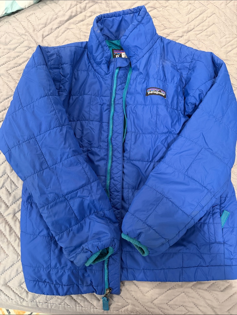Patagonia Kids Royal Blue Quilted Puffer Jacket with Teal Trim